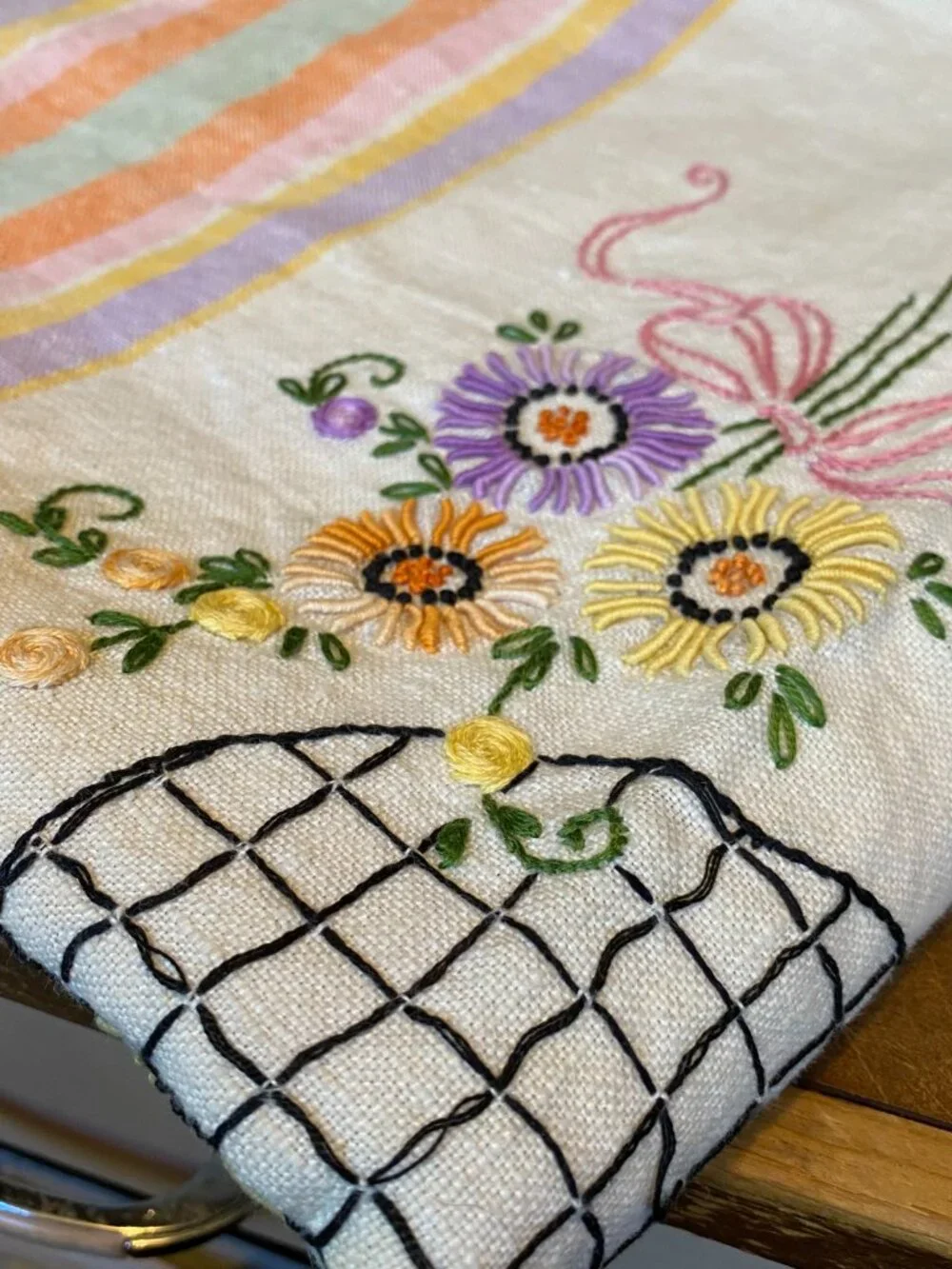 Antique Embroidered Tablecloth Floral Flowers Pastel Stripes Cross Stitch Summer